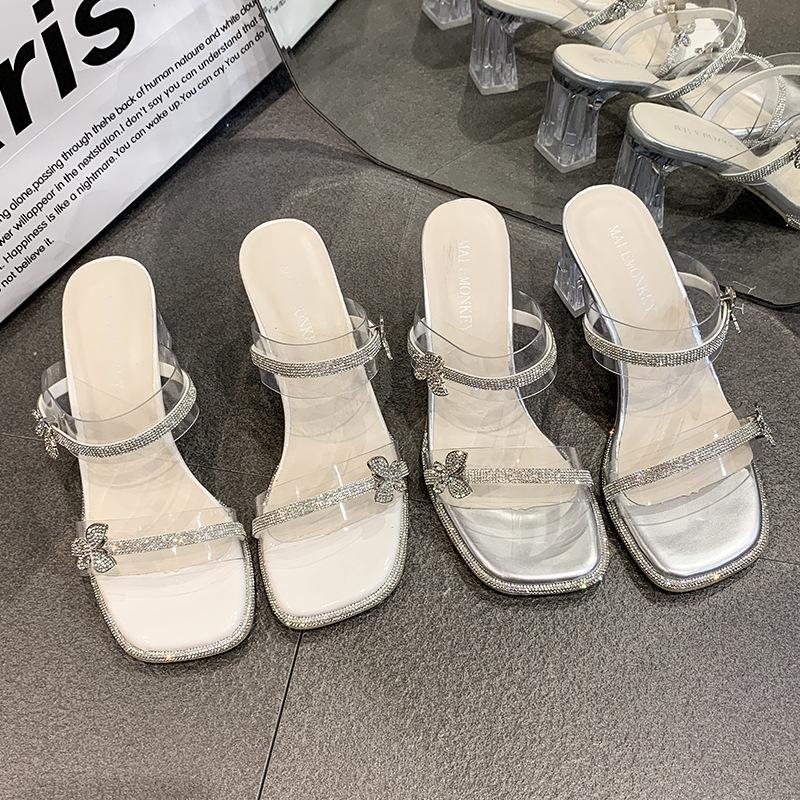 Fairy Wind Crystal Thick Heel Slippers Female Outer Wear 2025 Summer New Beautiful Transparent Rhinestone Temperament One-word Drag