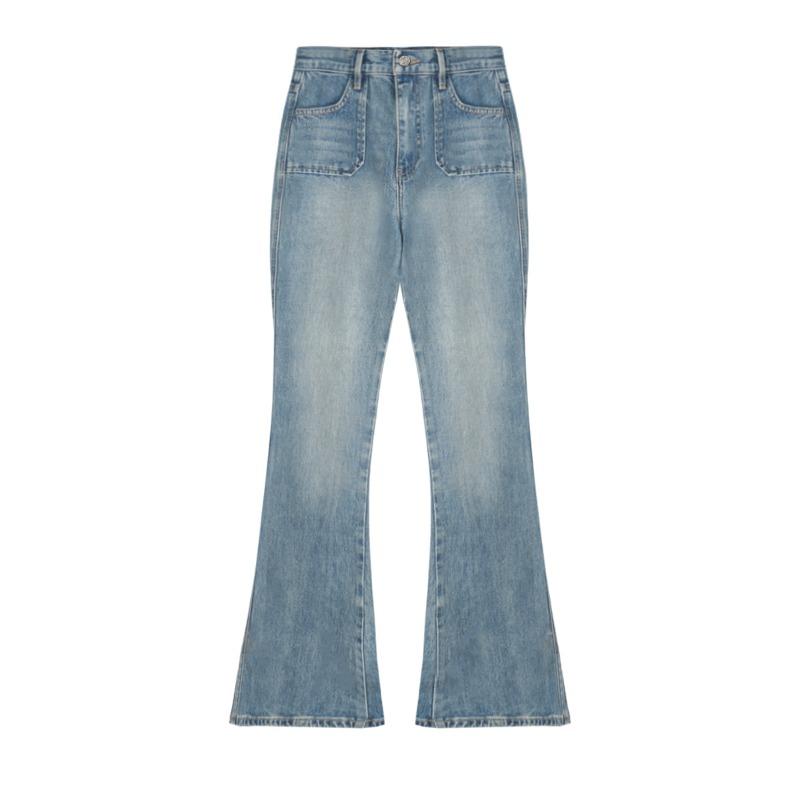 Women’s Mid‑Waist Vintage Washed Flare Jeans – Slim Fit Denim Pants – Blue Retro Style