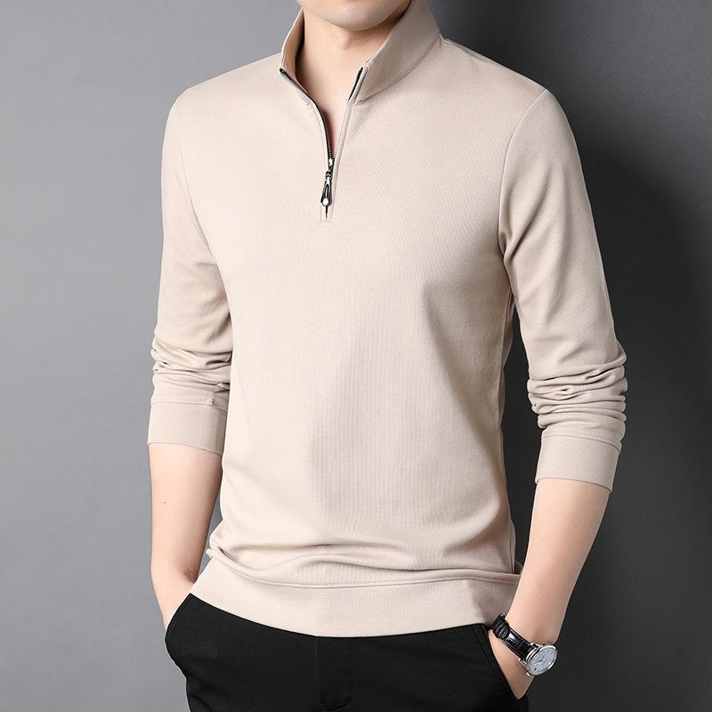 Men's Half Zipper Sweater Spring and Autumn Youth Solid Color Stand Collar Pullover Long Sleeve T-shirt Loose Casual Top