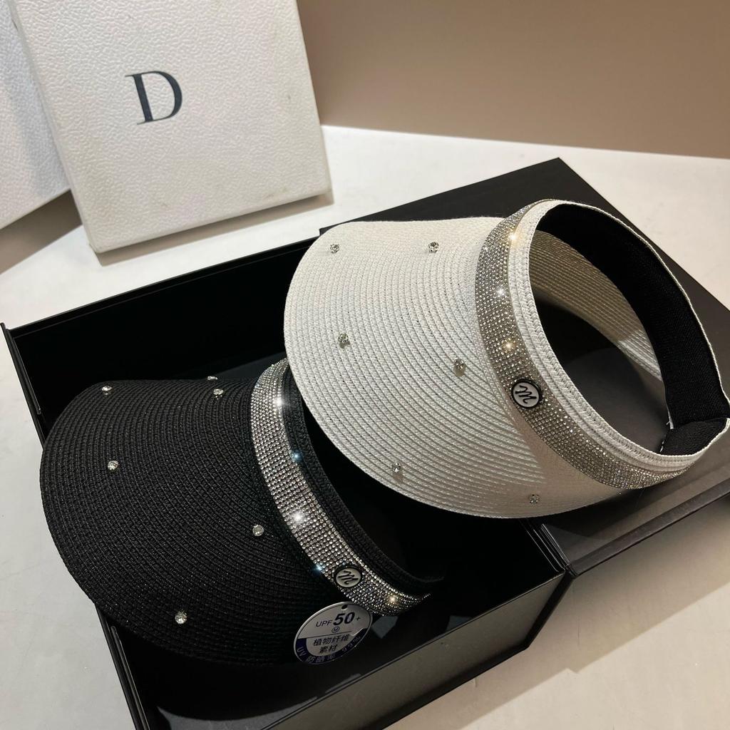 Summer Very Fine Straw Weave Sun Hat French Light Luxury Rhinestone Sunscreen Headband Type Empty Top Hat Outdoor Travel Sun Hat