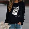 Womens Fashion Leisure Cat Print Long Sleeve Round Neck Casual Loose Tops