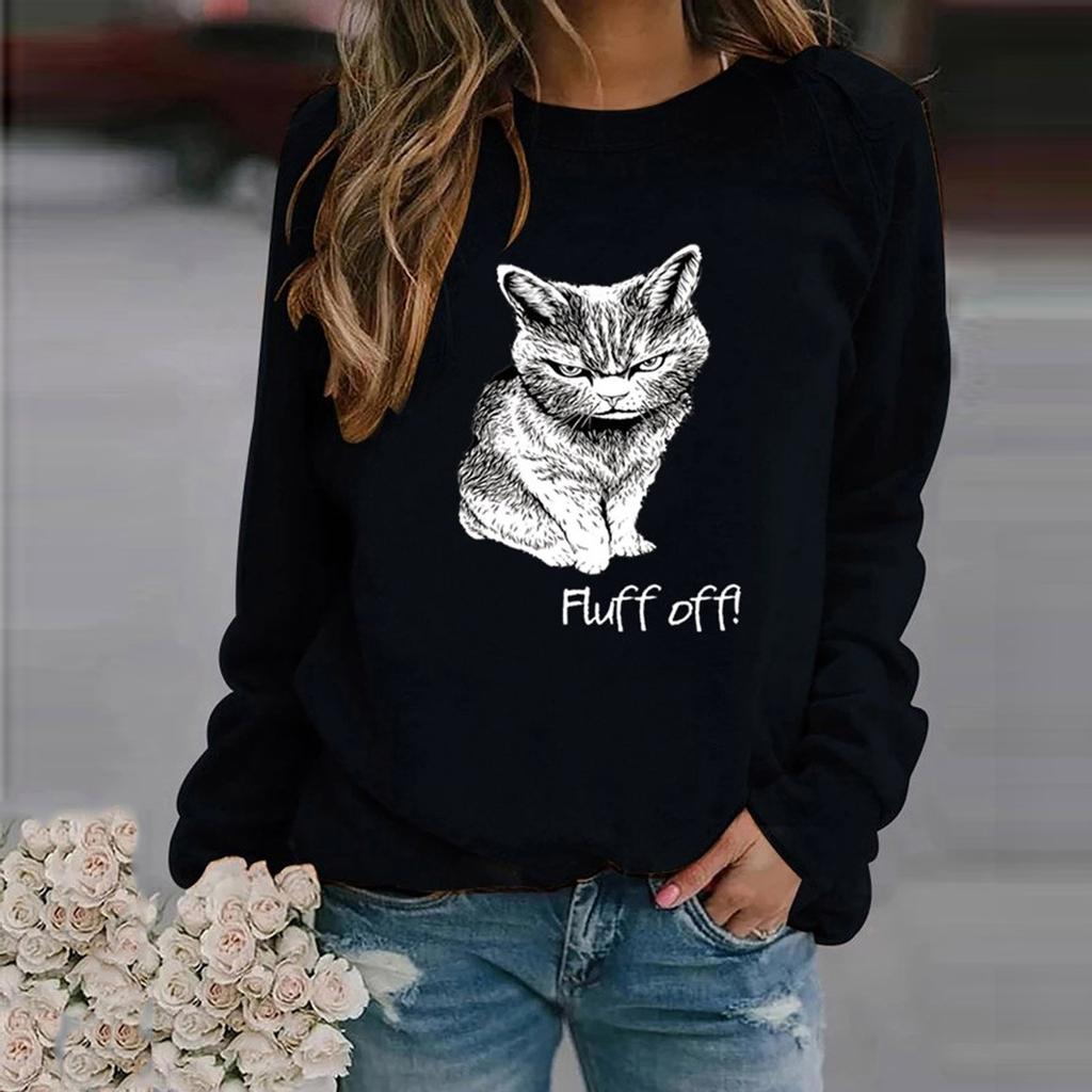 Womens Fashion Leisure Cat Print Long Sleeve Round Neck Casual Loose Tops