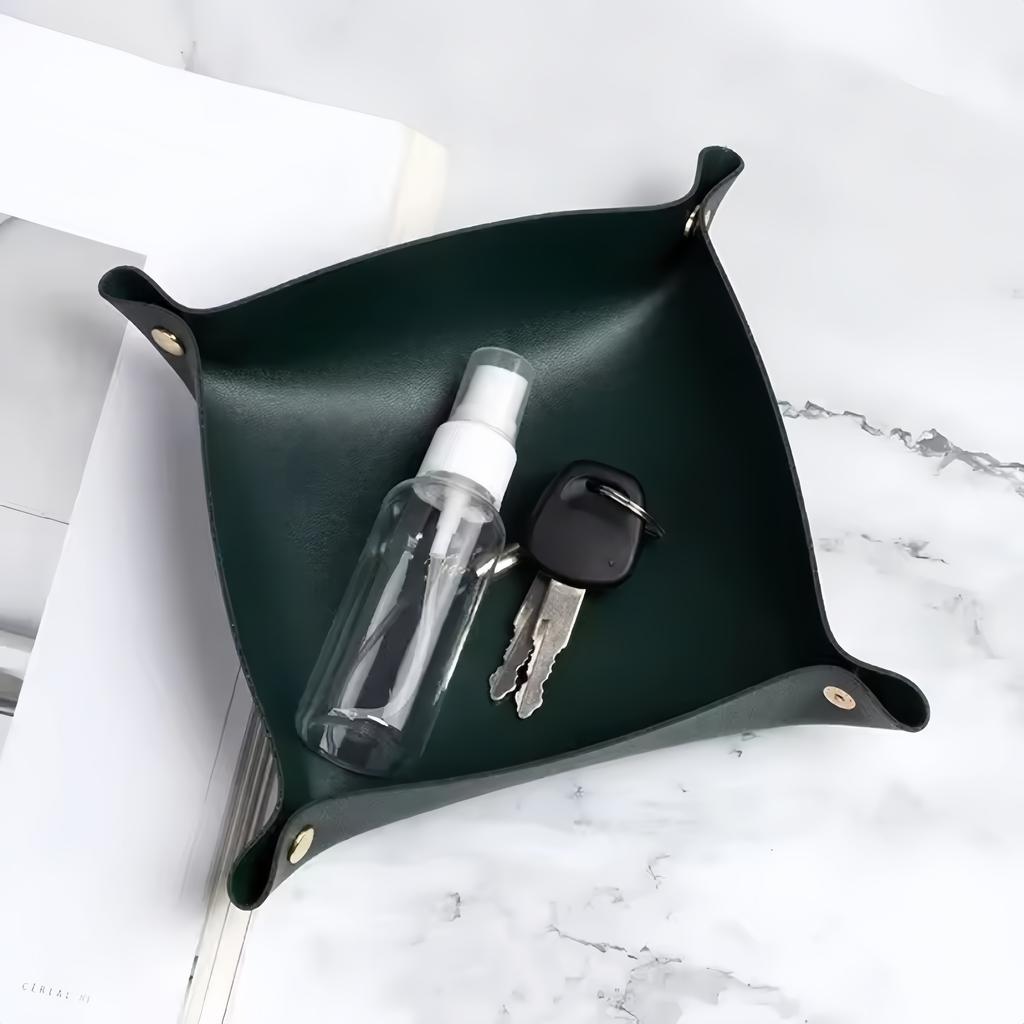 1pc 9.84inX9.84in Leather Storage Box Desktop Storage Tray Jewelry Cosmetic Key Stuff Storage Basket Folding Table Organizer