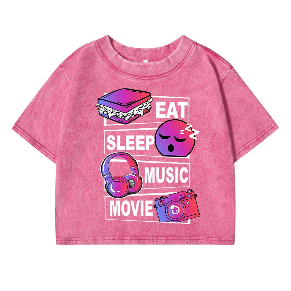 Eat Sleep Music Movie Funny Printing Women Washed Short T Shirt Summer Breathable Tshirt Street Fashion Distress Top