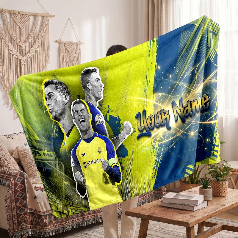 Coperta Personalizzata in Pile Cristiano Ronaldo con Logo Calcio, Testo Nome Personalizzato Morbida Calda Coperta da Divano per la Casa