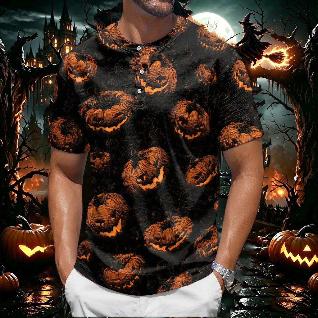 Men's Halloween Print Short Sleeve Henley Shirt Casual Button Up Top with Pumpkin Pattern Lightweight Breathable Fabric for Everyday Wear