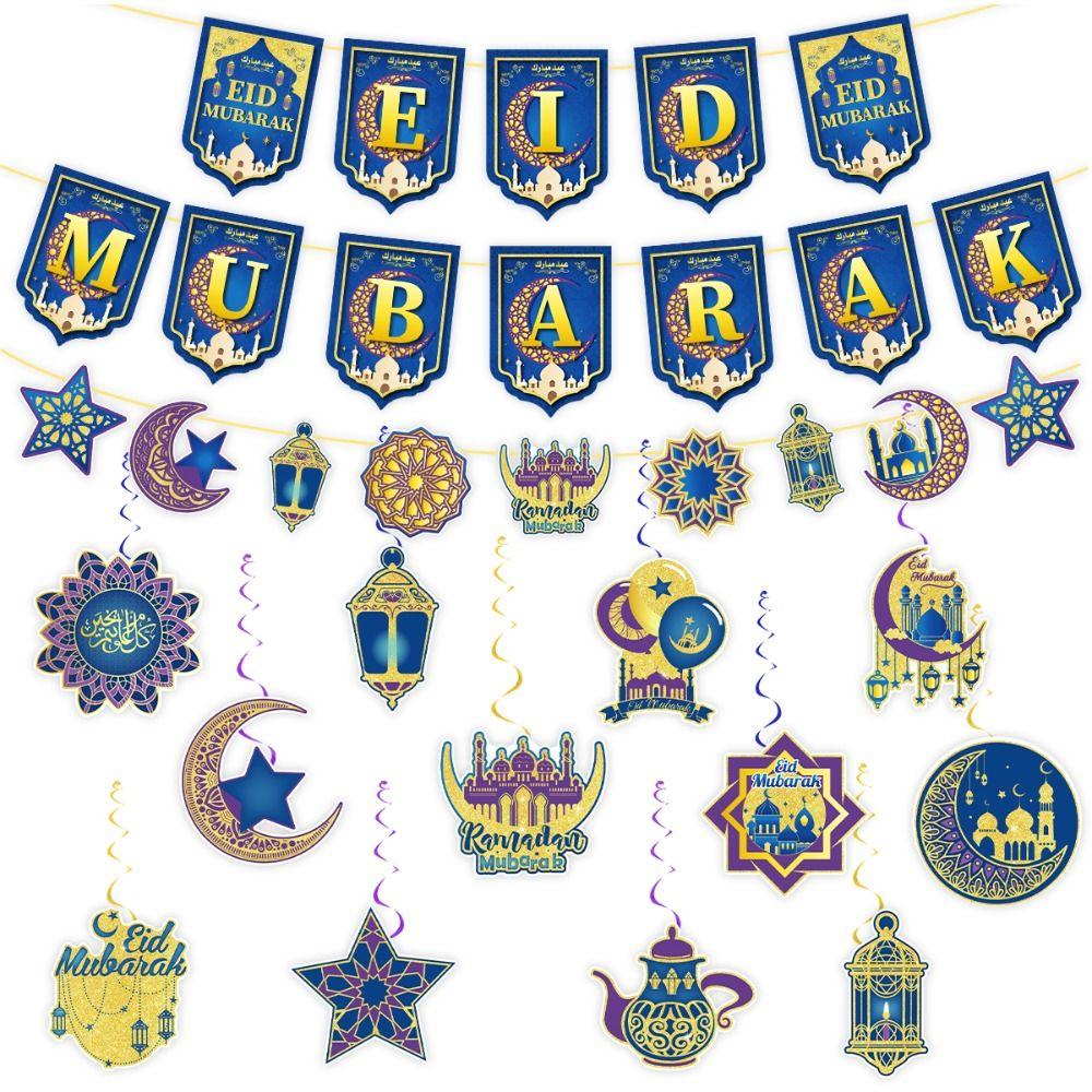 Moon and Stars Eid al-Fitr Paper Bunting Ramadan Hanging Ornament Islamic Decoration