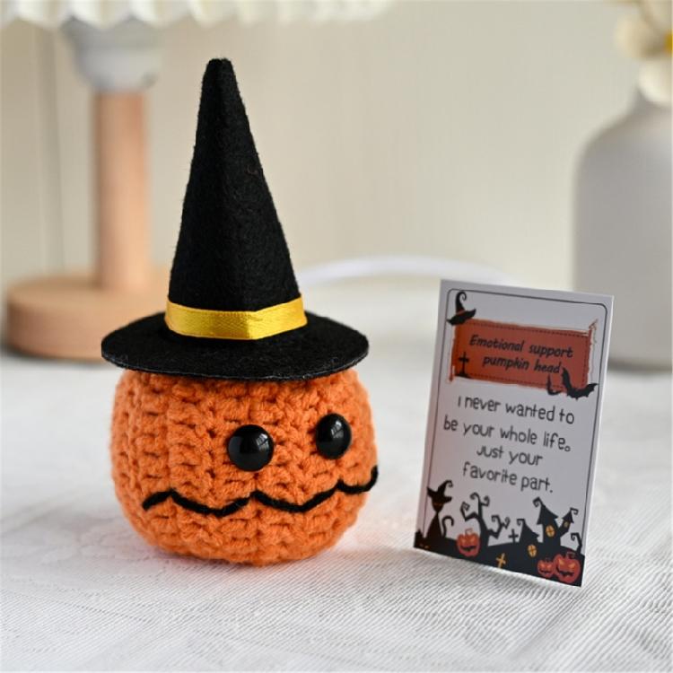 Festival Crochet Pumpkin Dolls with Positive Message Card Halloween Small Pumpkin Head Knit Toy Ornament for Gifting