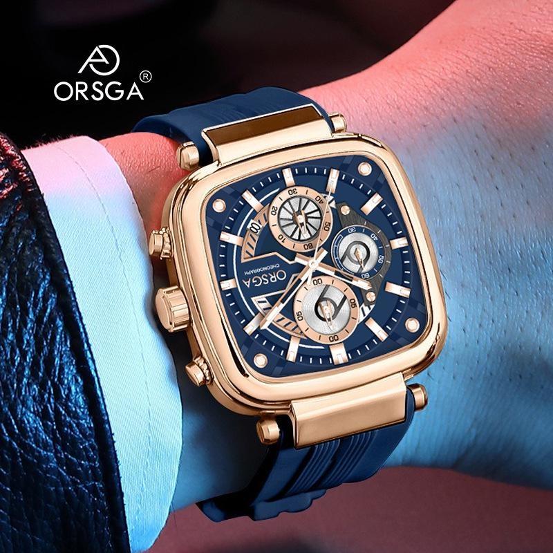Mens Square Chronograph Watches Waterproof Luminous Quartz Wrist Watch with Silicone Strap