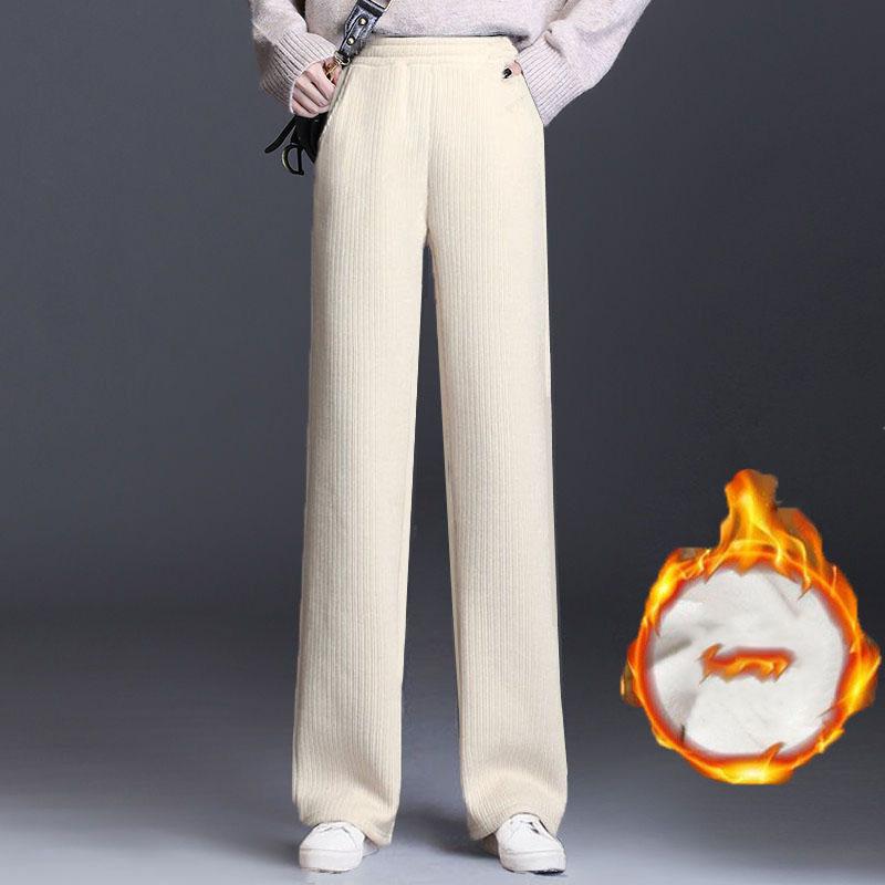 Fleece Pluche Dik Warm Letter Strepen Hoge Taille Corduroy Rechte OL Wijde Pijp Lange Broek Dames Winter Casual Broek Kleding