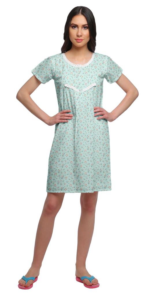 Moomaya Cotton Lace Neckline Sleepwear For Women Button Placket Nightdress