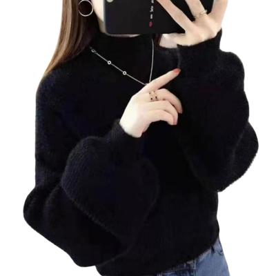 Duyinyan Puff Sleeve High Neck Knit Sweater for Fall and Fluffy Shaggy Knit Soft and Solid Stretch Long Everyday Size Black Women's Winter, Pullover,
