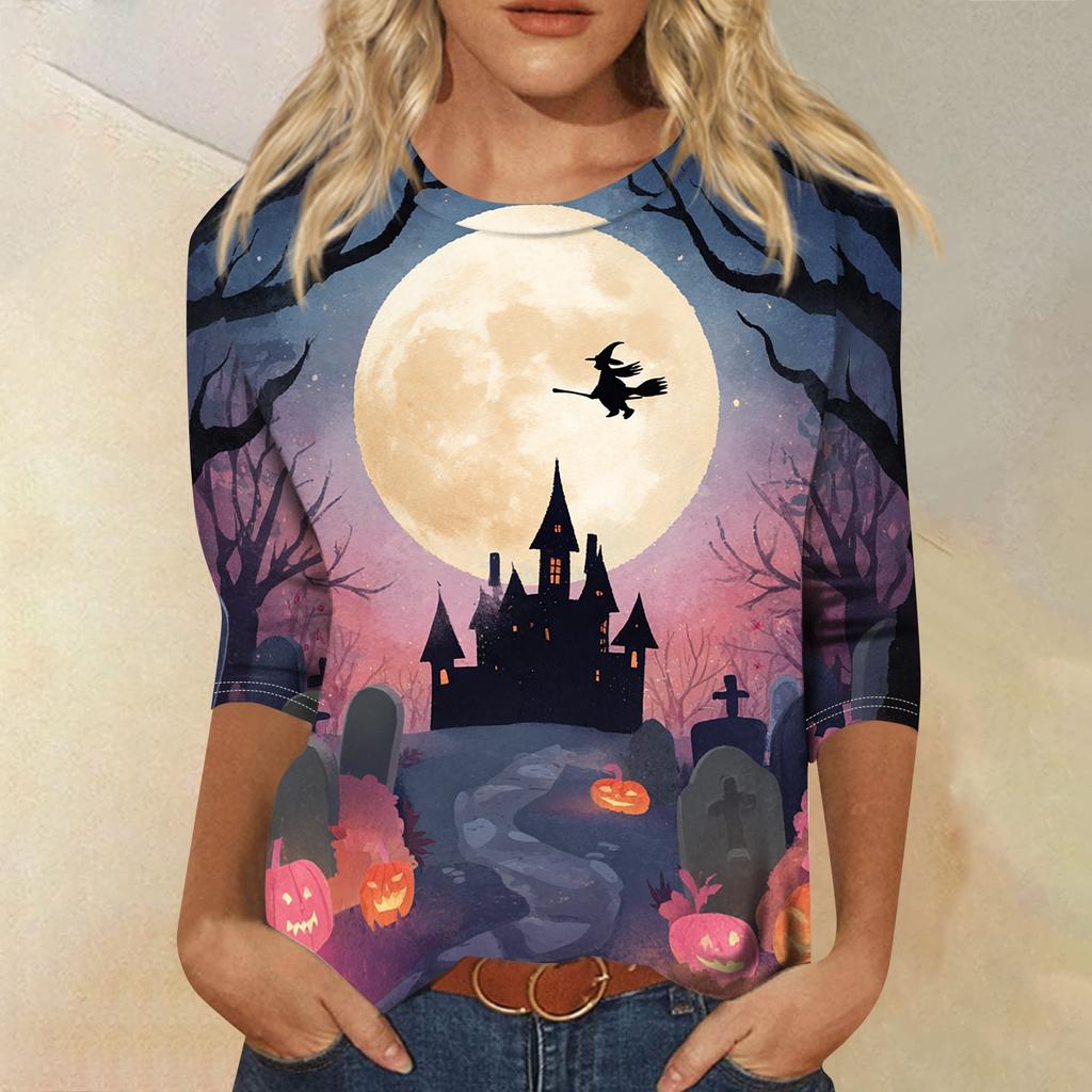 Women's Casual Round Neck Three Quarter Sleeve Halloween Print T Shirt Top Lightweight Soft Fabric Comfortable Fit