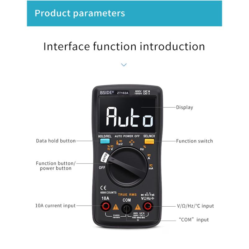 BSIDE ZT102A EBTN LCD Digital Multimeter TRMS AC/DC Voltage Current Temp Ohm Frequency Diode