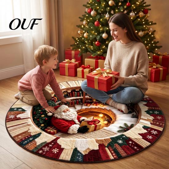 Winter Holiday Floor Covering 3D Optical Illusion Round Christmas Rug, Cute Santa Claus Crystal Velvet Mat, Mat Vivid Printed Circular Carpet
