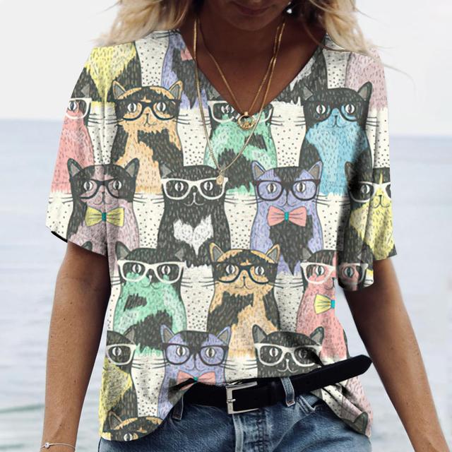 Women Cat Print Women's T-Shirt Oversized T-Shirt Top Women Clothing Design Plus Size V Neck Tee Casual