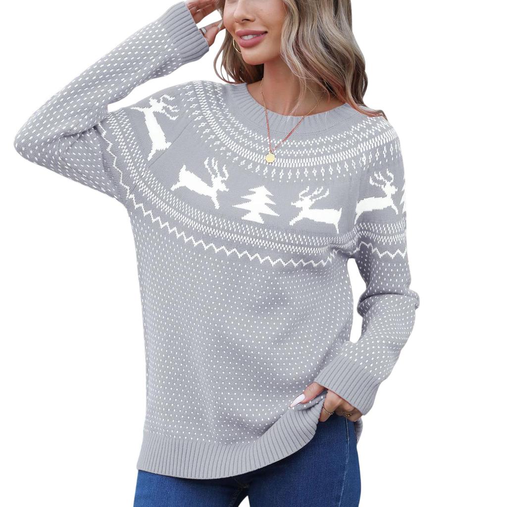 European, American Autumn And Winter Christmas Sweater Women'S Loose Knitted Jacquard Crew Neck Versatile Casual Pullover