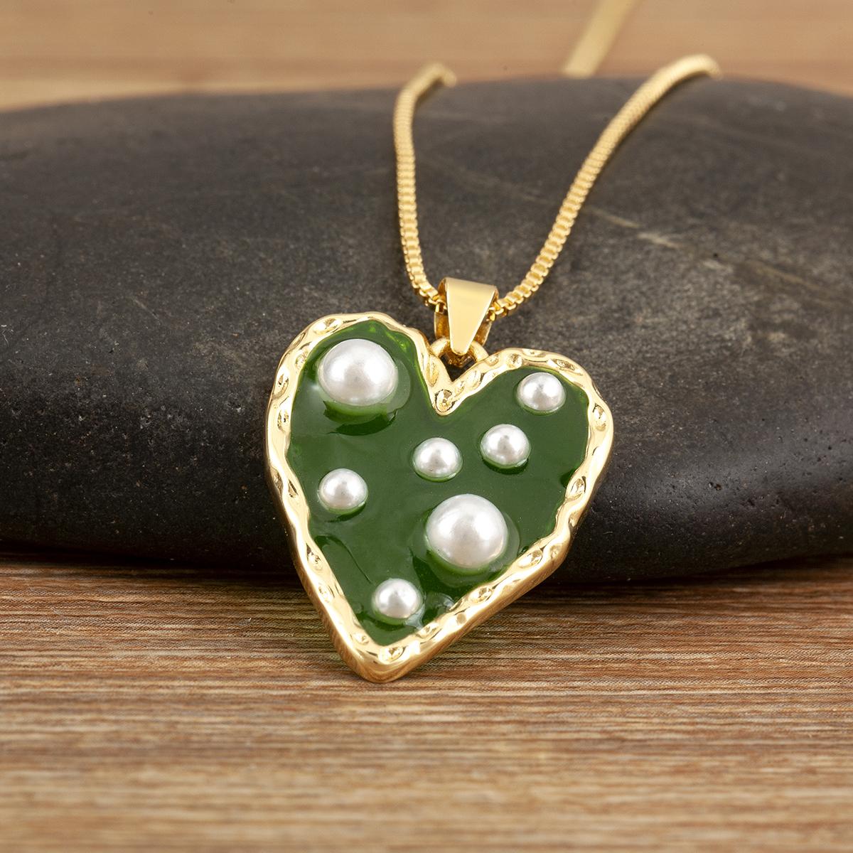 

Nidin High Quality Heart Shape Enamel Drip Oil Pearl Charm Pendant Necklace For Women Girls Friendship Jewelry Delicate Gifts зелений