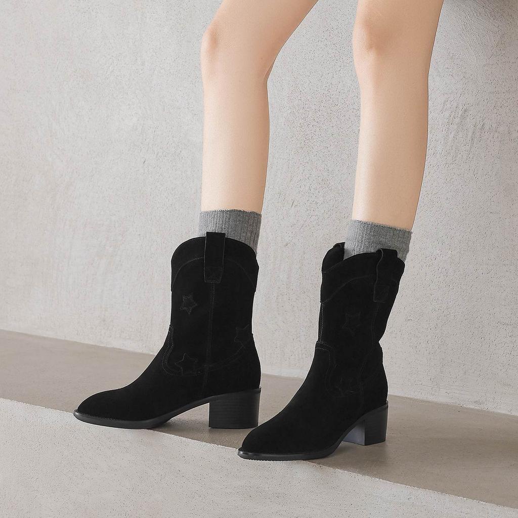 Krazing Pot Cow Suede Nubuck Winter Round Toe Modern Boots Med Heels Slip On Five-Star Decoration Women Mid-calf Boots
