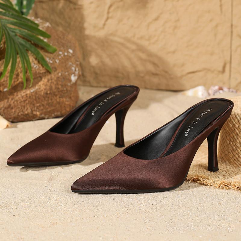 Fashion Retro Brown Pointed Toe Pumps Women Fashion Comfort Shallow Thin Heel Slide Sandals Elegant Banquet Dress Shoes Zapatos De Mujer