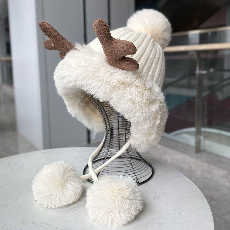 Winter Hat Female Cute Antlers Hairball Ear Protectors Plush Hat Christmas Thickened Northeast Lei Feng Hat Cycling Hat