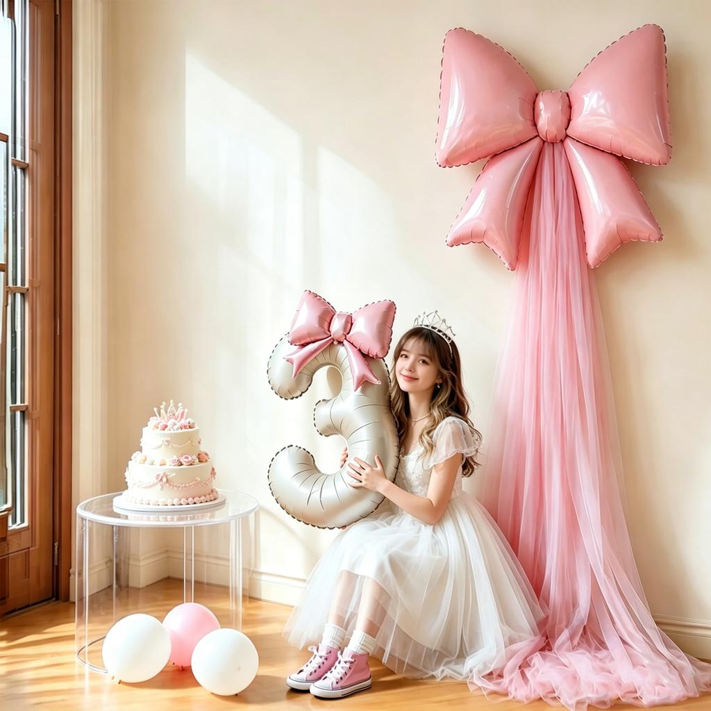 5-teiliges DIY-Schleifen-Geburtstags-Hintergrunddekorations-Ballonset Enthält 40 Zoll Cremeweiße Zahlen-Folienballons 0-9 Hellrosa Schleifen-Ballons mit