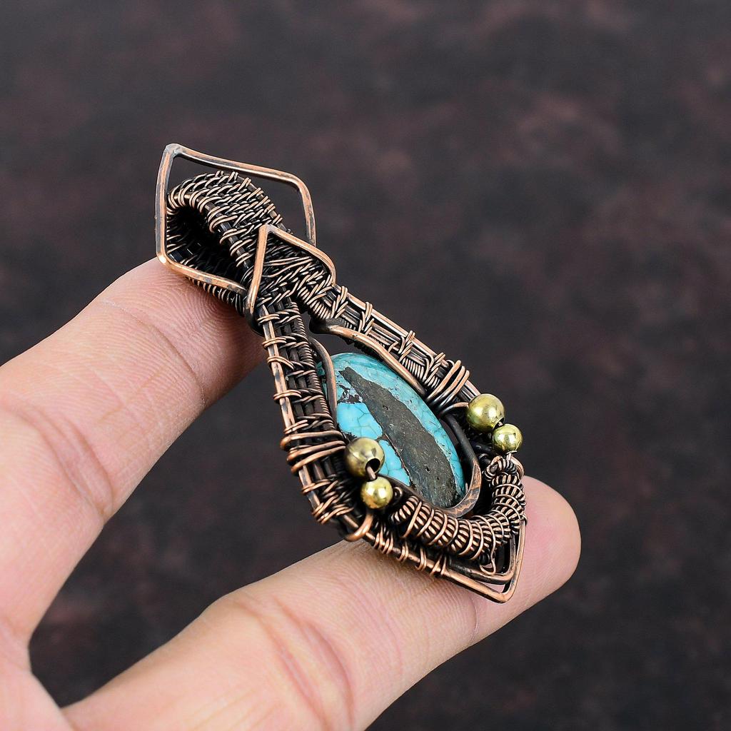 Tibetan Turquoise Pendant Copper Wire Wrapped Pendant Stylish Pendant Handmade Wire Wrapped Jewelry Gemstone Pendant For Gift Copper Jewelry