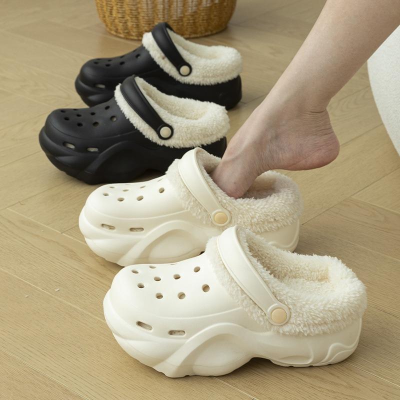 New velvet hole shoes women's winter non-slip outer wear cotton shoes heightened thick-soled home removable cotton slippers