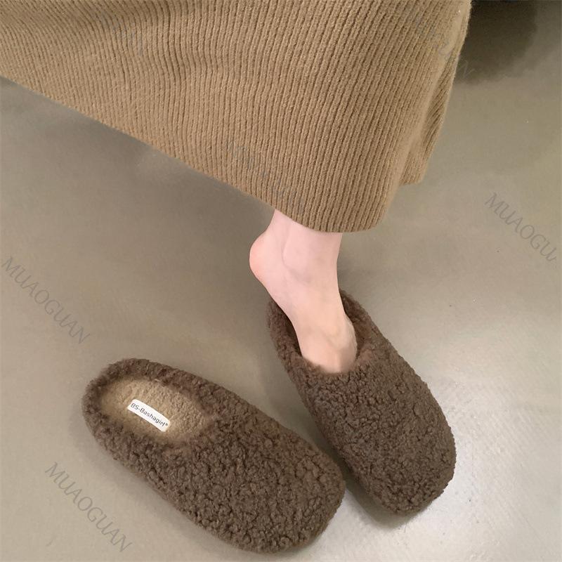 Women Shoes Vintage Style Plush Slippers Warm Faux Fur Indoor Outdoor Mules Slipper for Women Casual Slip On Solid Cotton Slides