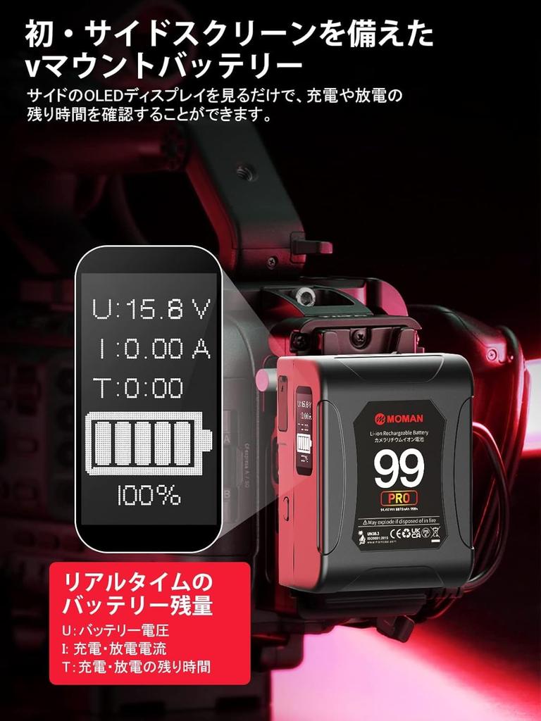 Moman Power 99 with Display with Battery Level for and Studio Mini Pro, 99Wh/6875mAh V-Mount Battery, 14.4V D-TAP/USB-C/A Output, 200W/15A,