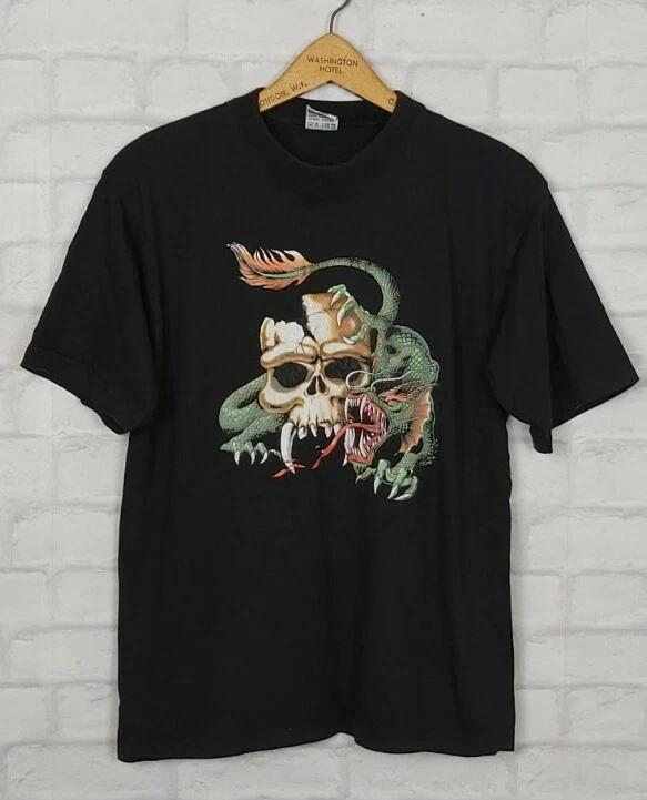 VINTAGE RETRO 90S BRIGHT BOLD SKULL DRAGON ROCK BAND GRAPHIC CRAZY T-shirt TOP 3XL