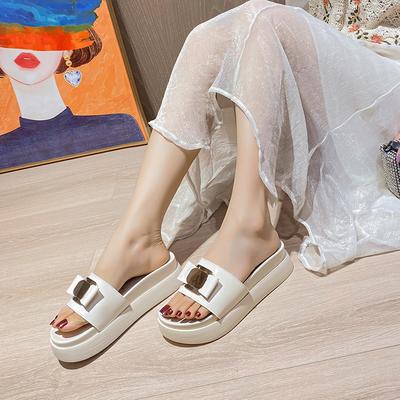 In the Summer of 2025, the New Real Cowhide Version of One-word Sandals Is Worn Outside Women's Thick-bottomed Non-slip Open-toed Muffin Thick-bot