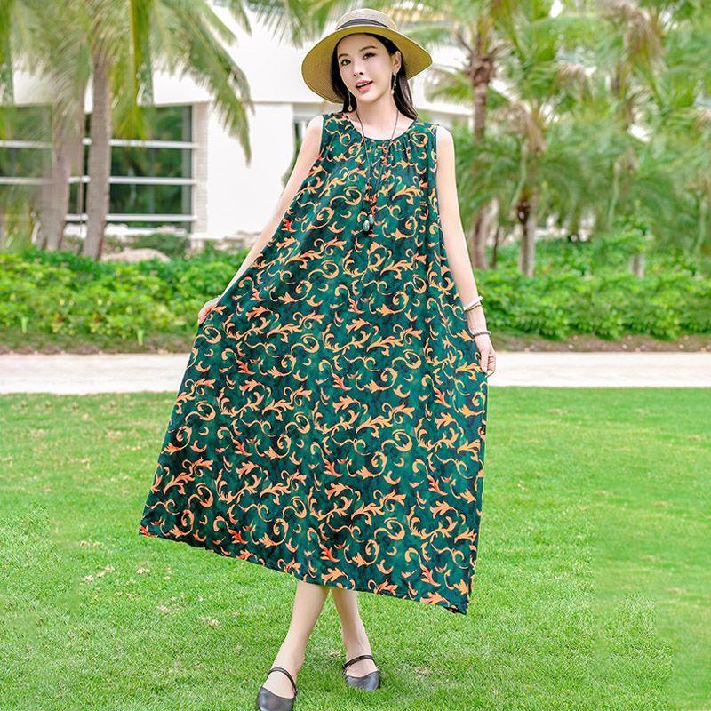 Sleeveless Cotton Dress Summer Loose Plus Size Slimming Vest Vacation Long Dress Elegant Beach