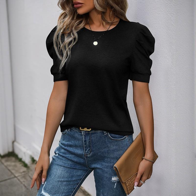 Womens Casual Solid Color Bubble Sleeve T-Shirt Loose Fit Short Top Daily Wear