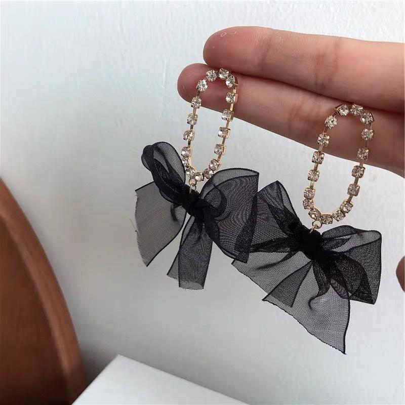 925 Silver Needle Diamond Velvet Bow Earrings - Elegant Heart Studs for Women