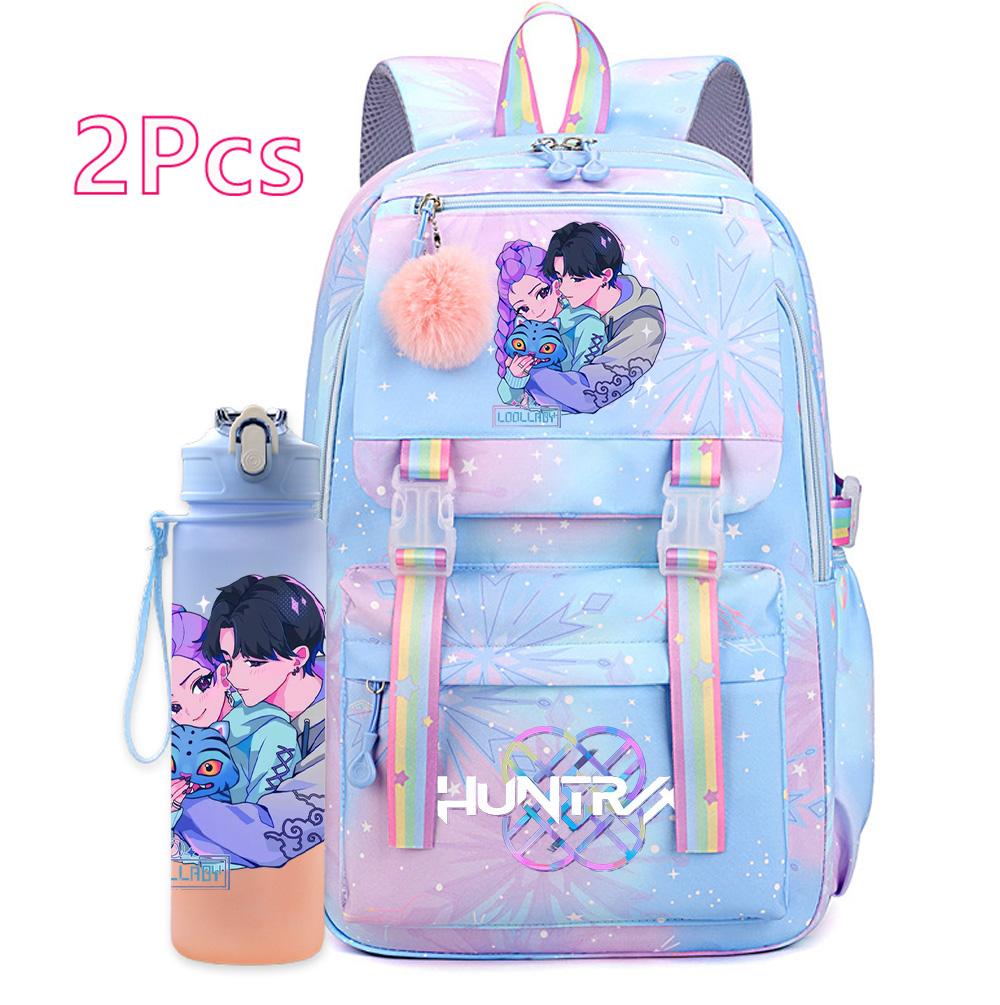 2Pcs/set New Anime Kpop Printed Backpack with 750Ml Water Bottler Large Capacity Travel Bag for Teenager Girl Boy Bookbag Kid Gift Large Capacity Bag