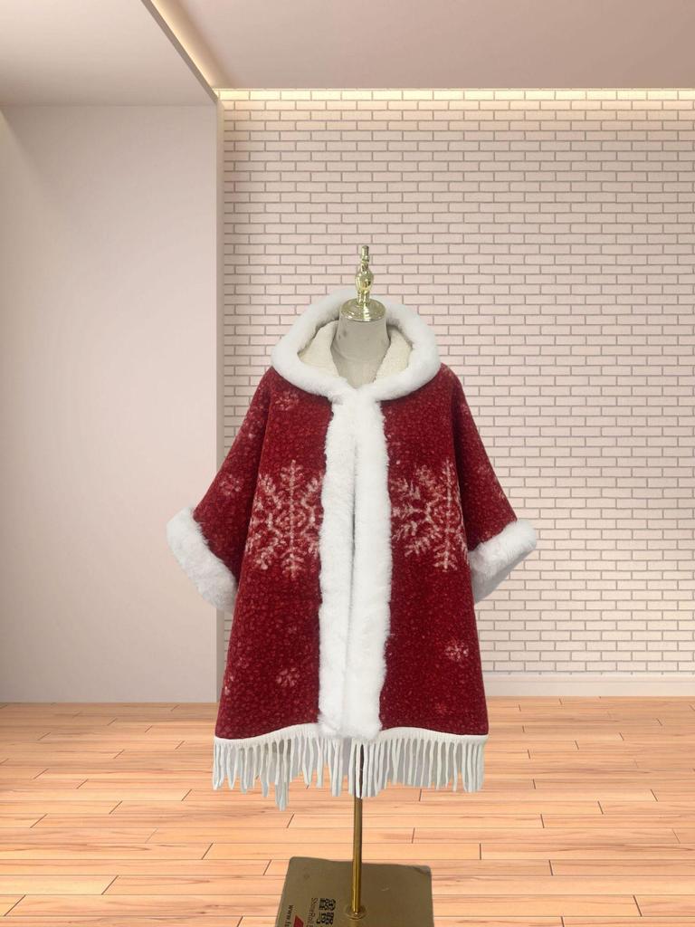 Women's Autumn/Winter Hooded Cape with Chinese Frog Button and Rabbit Fur Shawl, Plus Velvet Woolen Coat.