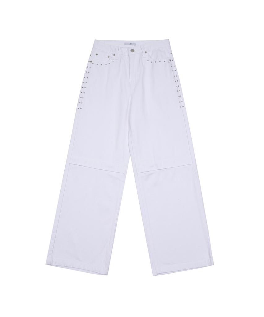 Eonibeu Open Zipper Rivet Denim Pants White