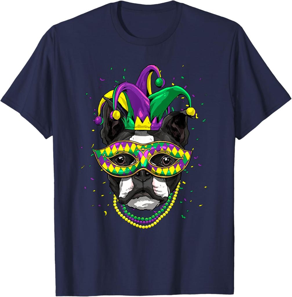 Boston Terrier Mardi Gras Jester Dog Graphic Tee Cute Carnival Print T-Shirt