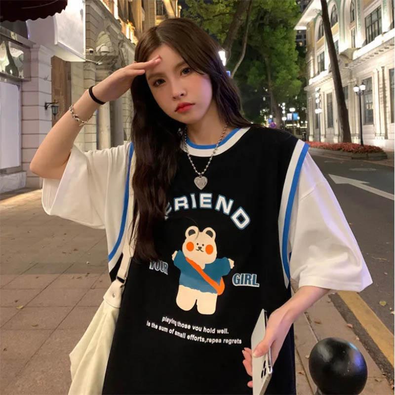 Bear Short-sleeved Basketball Uniform Fake Two Neutral Wind Loose Design Sense Niche T-shirt Trend Top