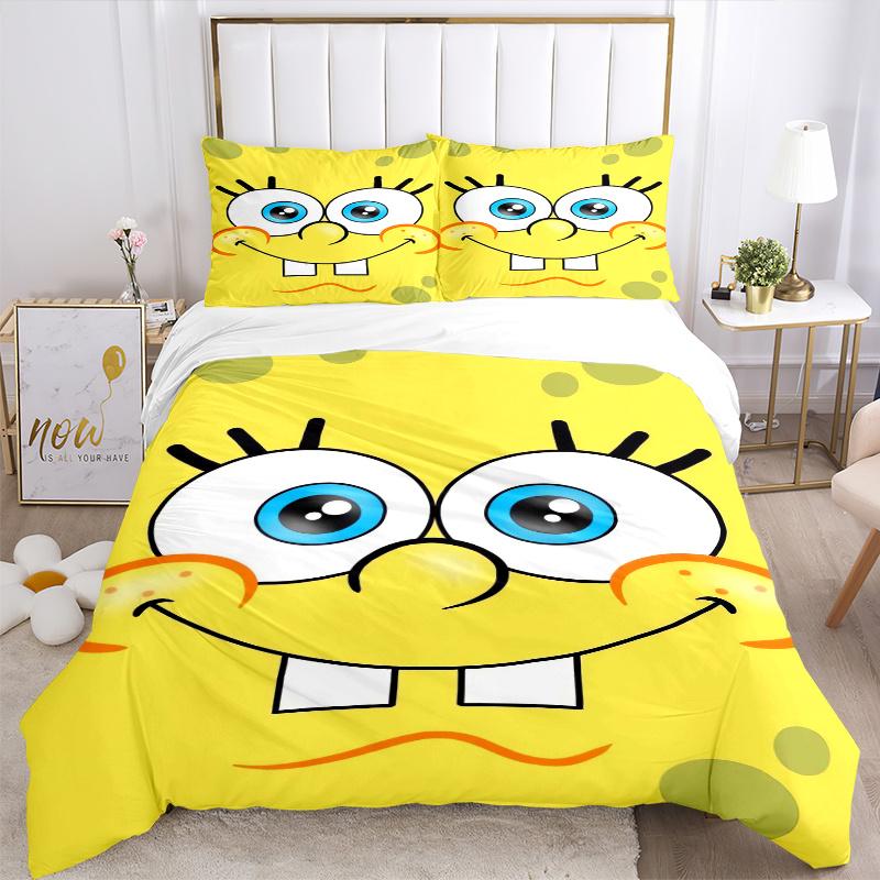 3pcs Minimalist SpongeBob Design Quilt Set - Soft and Comfortable Bedroom, Guest Room and Dorm Decor Bedding Set 1 Quilt Cover + 2 Pillowcases.F041