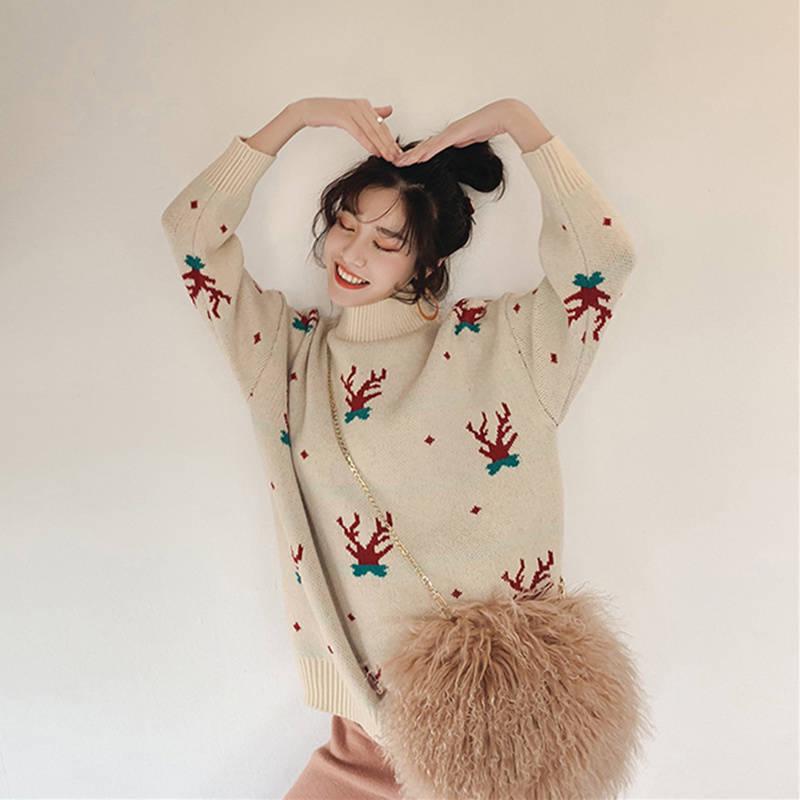 

Pofulove Половина водолазки с лосем, женский свободный тонкий вязаный свитер с длинными рукавами на Рождество