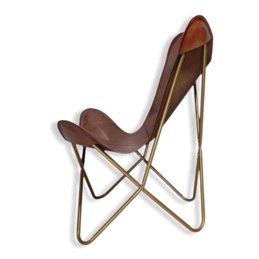 Stylish Recliner Brown Leather Butterfly Chair with Folding Golden Powder Coated Iron Stand