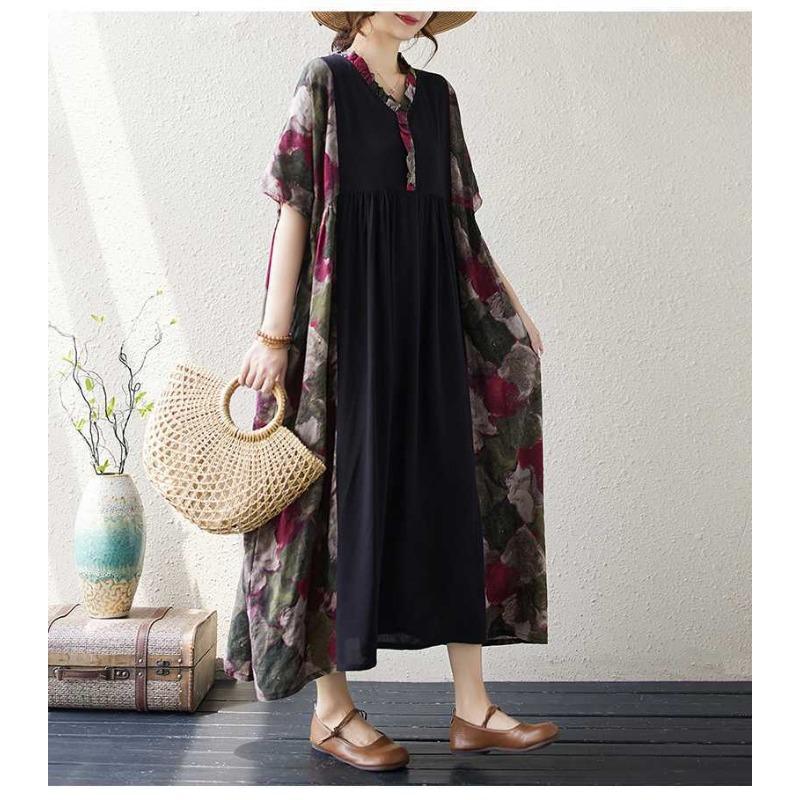 Summer New Literary Large Size Printing Splicing Wood Ear Lace Casual Swing Short Sleeve Long Dresses