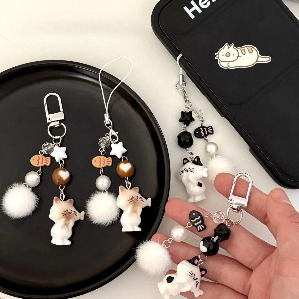 Cat Figurine Cat Phone Chain Stylish Y2K Fur Ball Key Ring Hairball Bead Pendant Girls Gift
