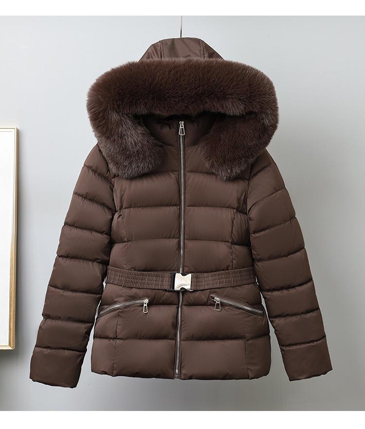 Dámská krátká bunda s velkou kožešinovou kapucí, větruodolná, zateplená, teplá, zimní bunda s páskem