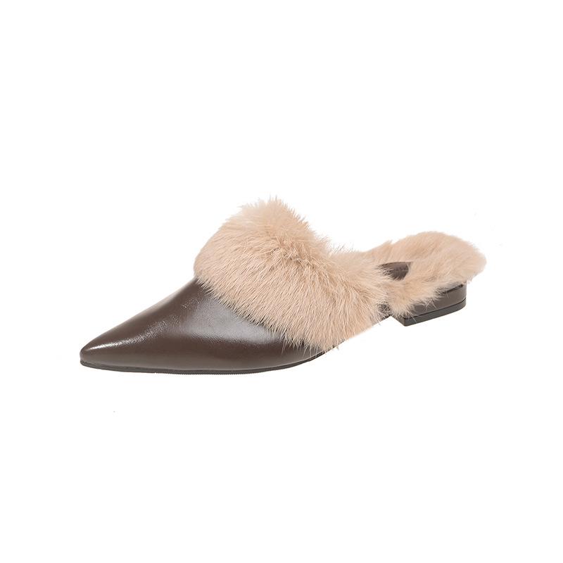 2024 Autumn Women's Closed-Toe Pointed Mules: Comfortable, Flat Heel, Non-Slip Fluffy Slippers for Outdoor Wear