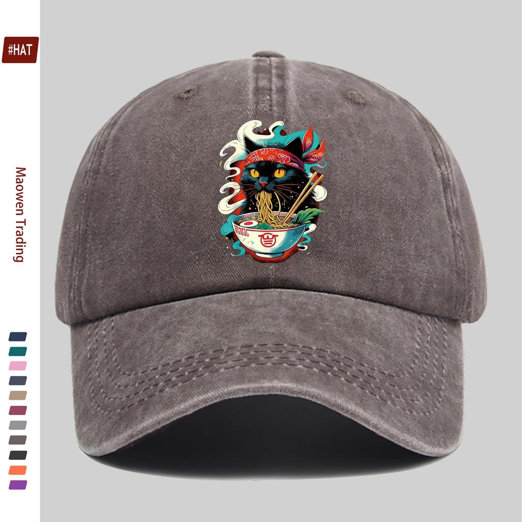 pc Japanese Anime Cat Ramen Print Trucker Cap Adjustable Buckle Strap Washed Baseball Hat Suitable for Men Women Vintage
