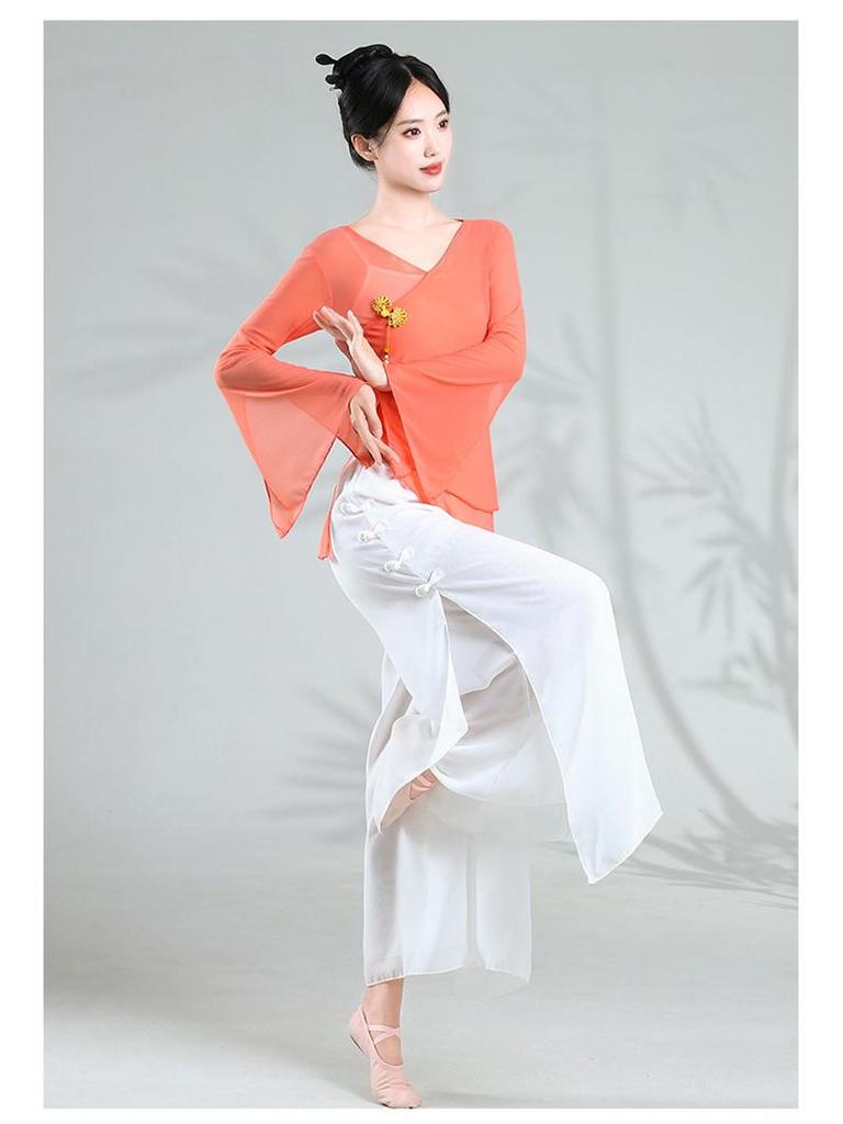 Women's Double Layer White Chiffon Dance Culottes - Wide Leg Flowy Pants for Classical Chinese Dance Practice