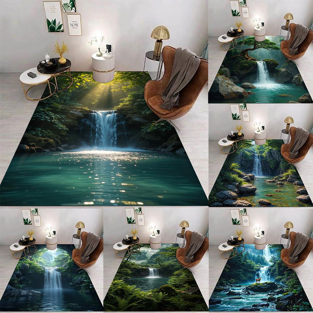 Natural Landscape Waterfall Forest 3D Art Area Rug Non Slip Soft Carpet For Living Room Bedroom Home Decor Nature Lovers Use